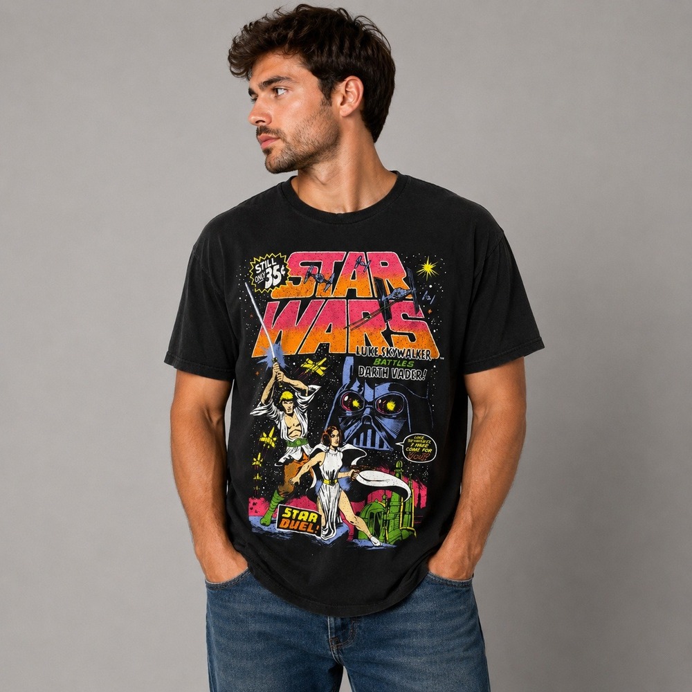 Star Wars Mad Engine Luke Skywalker Darth Vader Comic Graphic T-Shirt Black L